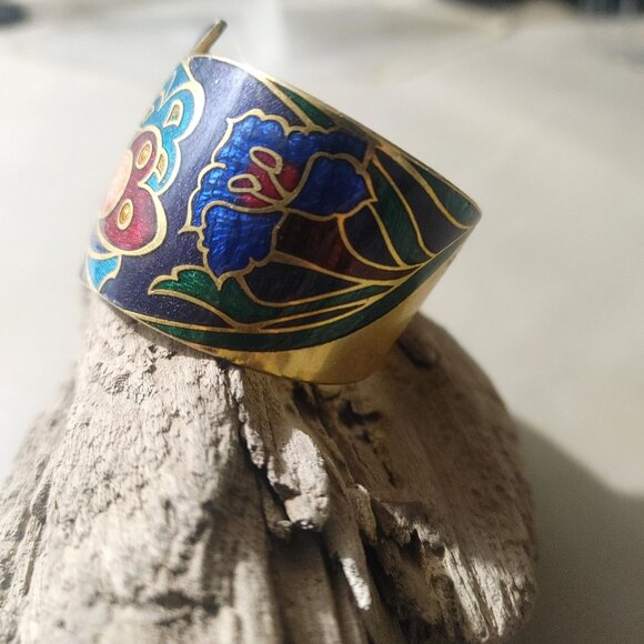 Vintage Hinged Cloisonné Butterfly Bracelet Gold Tone Enamel Bold Design Jewelry - Picture 7 of 10